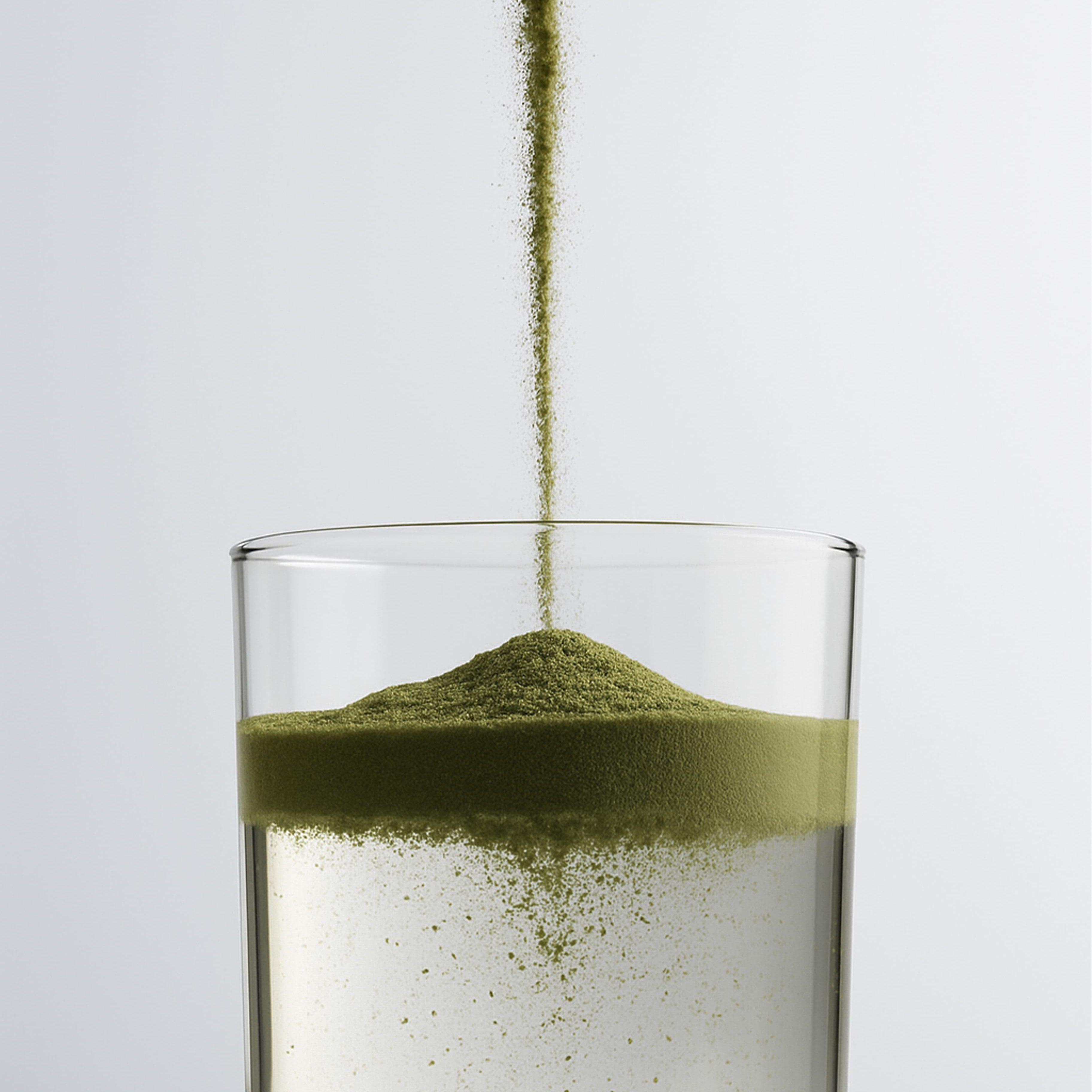 Green powder being poured into a glass of water on a white background